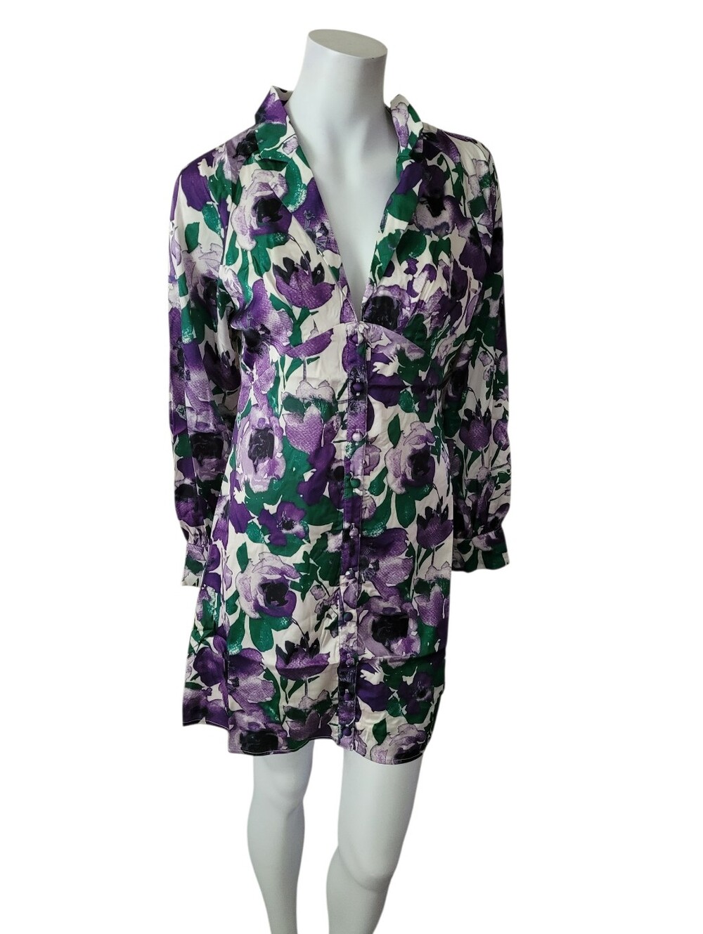 Long Sleeve V-Neck Button Up Floral Print Colored Shirt Dress - Picture 6 of 14
